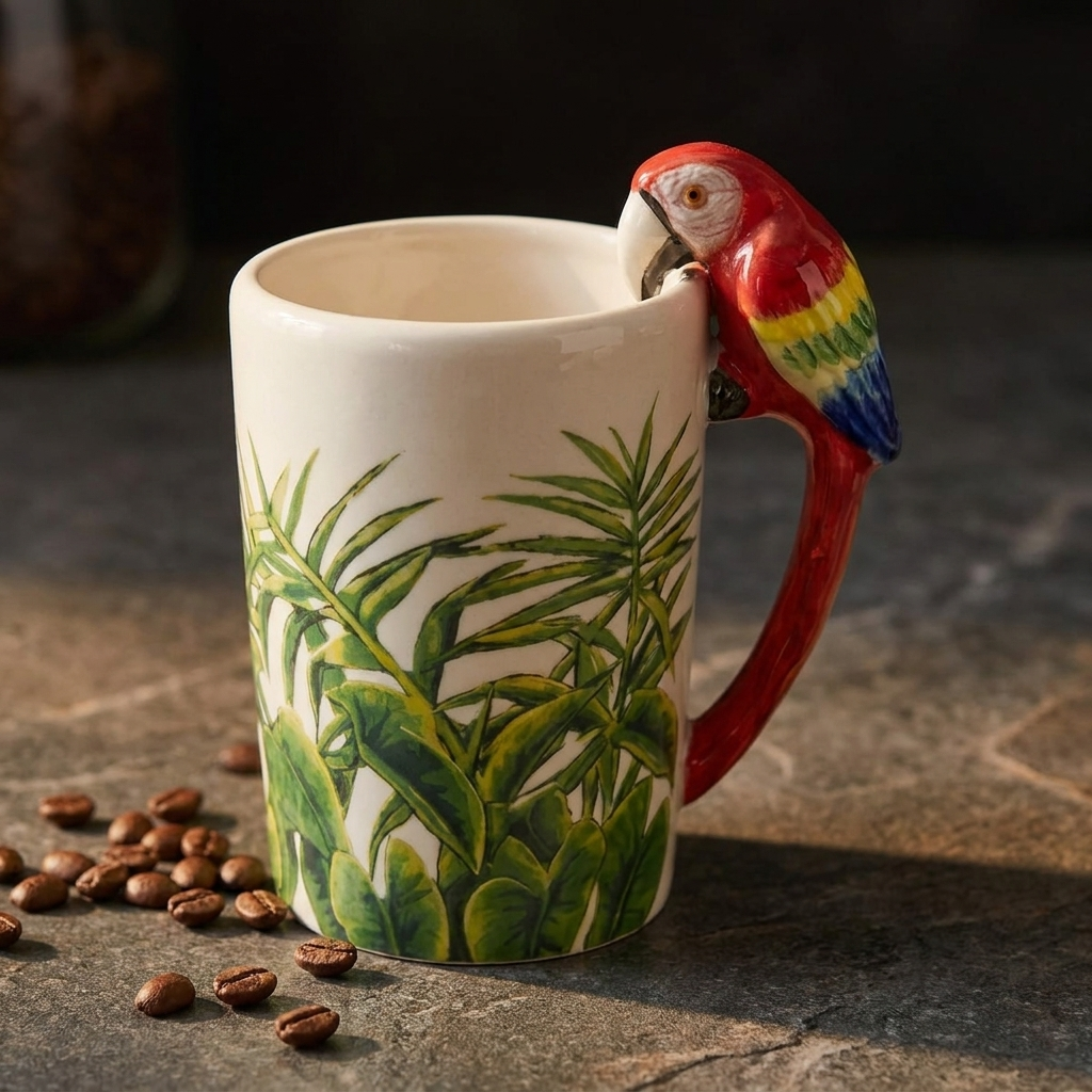 Parrot mug design detail close-up