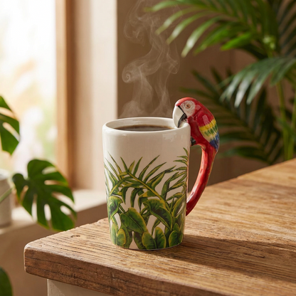 Parrot mug 3/4 angle with coffee