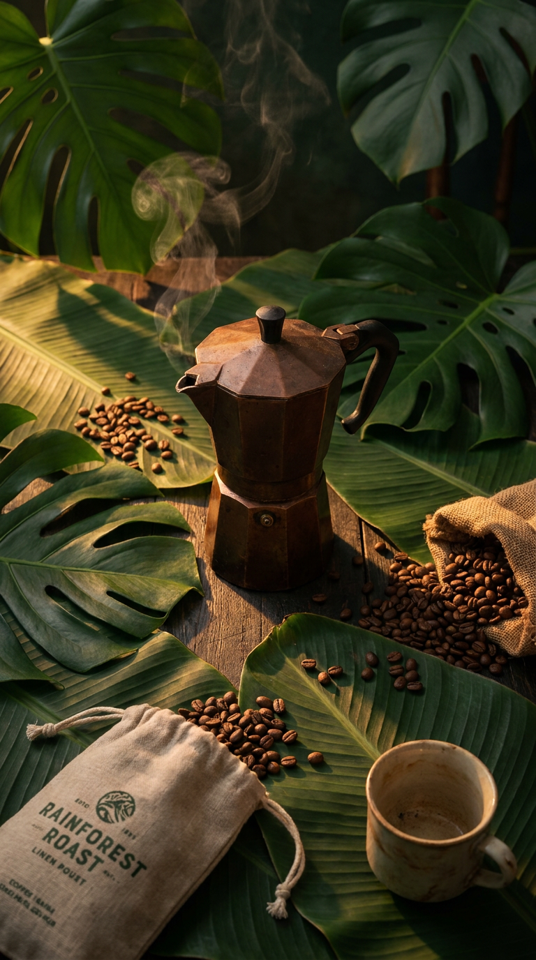 Rainforest Roast hero - moka pot brewing amid tropical leaves